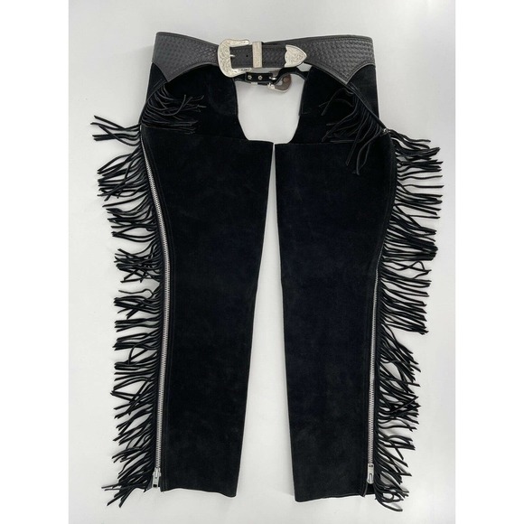 Western Heritage Women's Chaps Black Suede Zip Fringe Silver Buckle Size Small - Picture 1 of 7